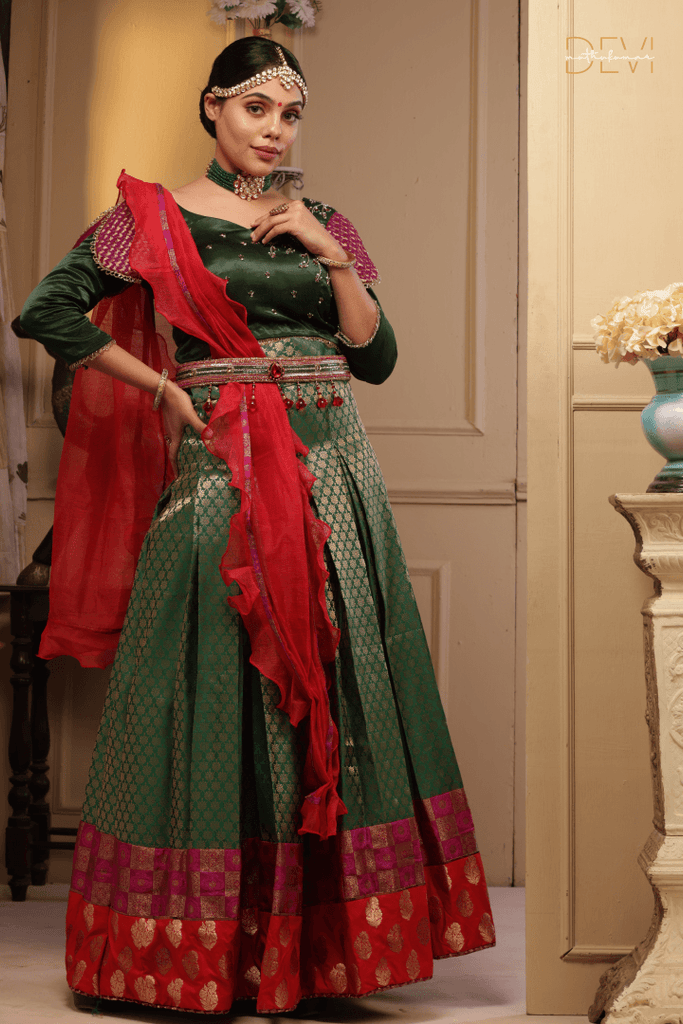 Buy Green Lehenga Banarasi Georgette Printed And Hand Bandhej Set For Women  by Aryavir Malhotra Online at Aza Fashions.